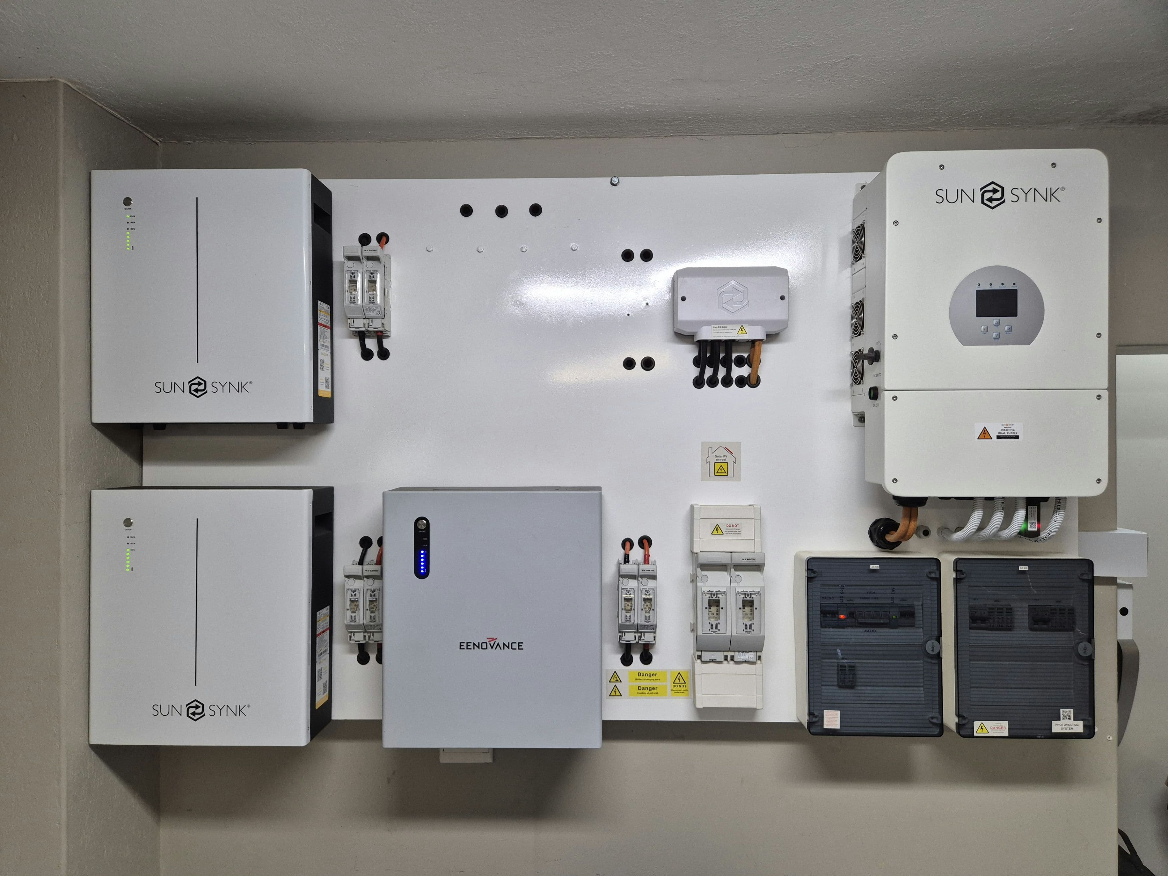A home inverter and battery backup unit installed against a wall